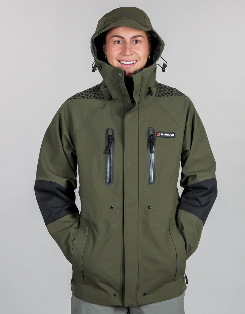 Defender Waterproof Rain Jacket - Womens Front with Hood - Wet Weather Gear