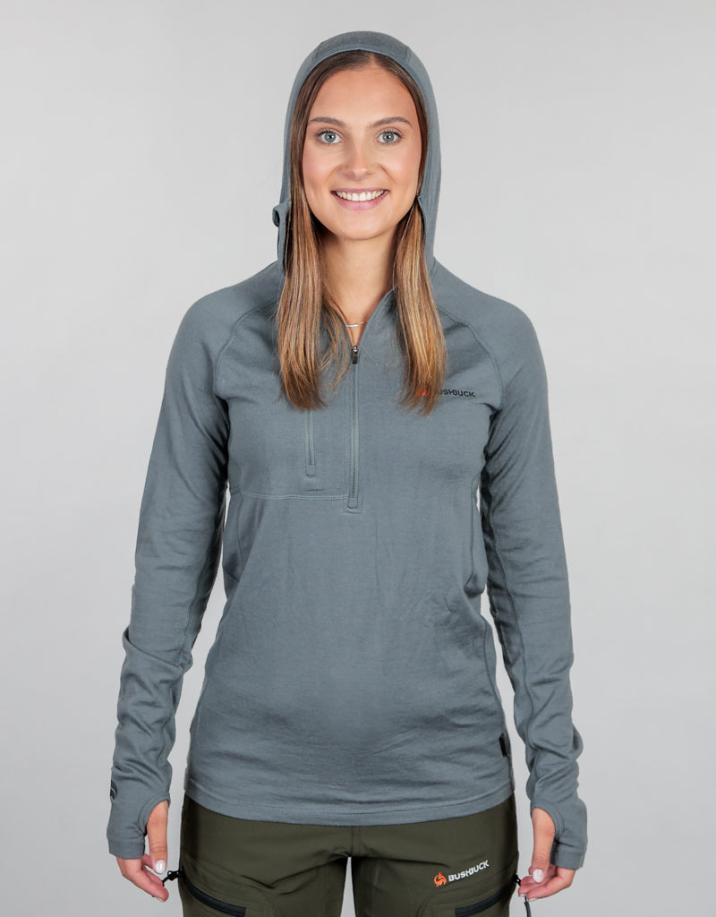 Combat Merino 200 Hood Top Grey - Womens Front Hood On - Merino Thermals