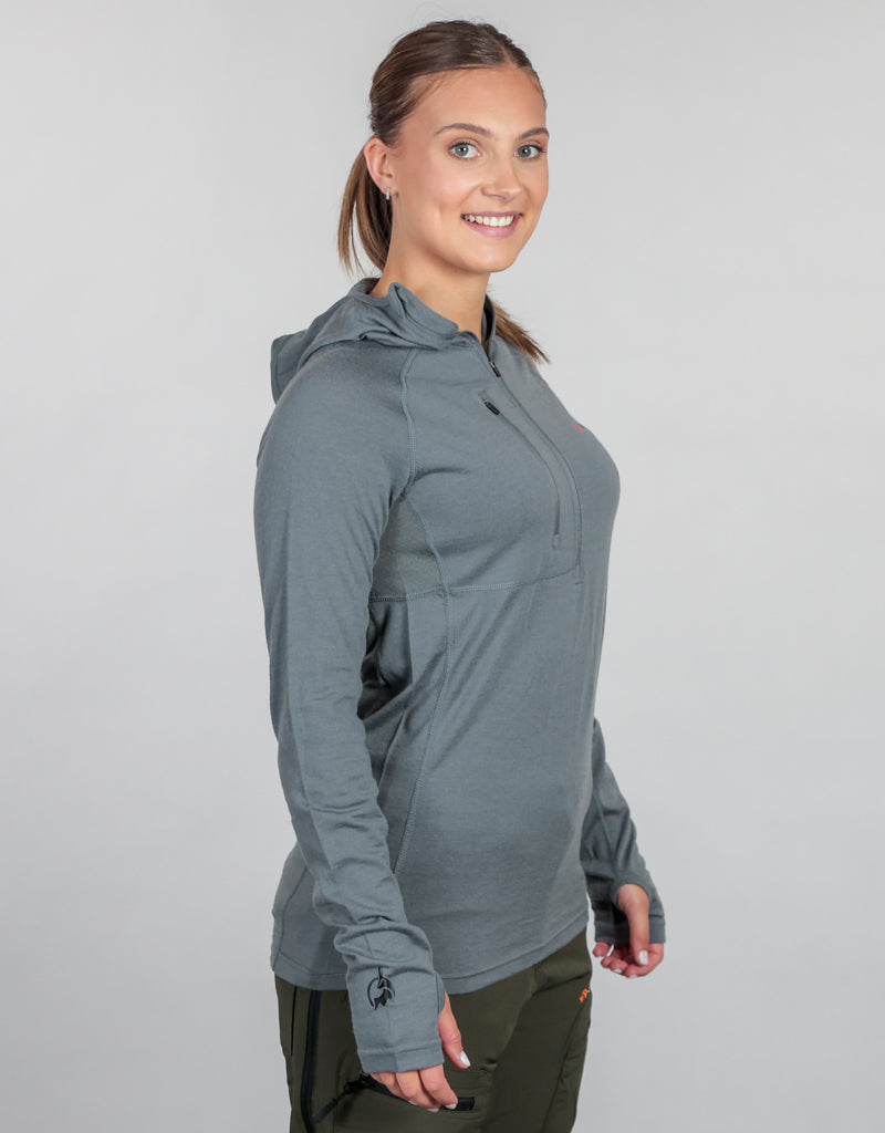 Combat Merino 200 Hood Top Grey - Womens Side - Merino Thermals