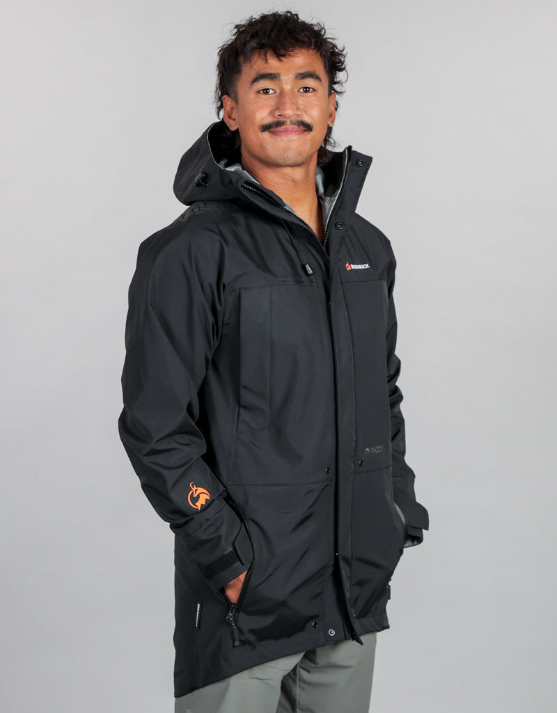 Typhoon Mens Waterproof Black Rain Coat - Front 3/4 -  Wet Weather Gear