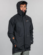 Typhoon Mens Waterproof Black Rain Coat - Front 3/4 with Hood -  Wet Weather Gear