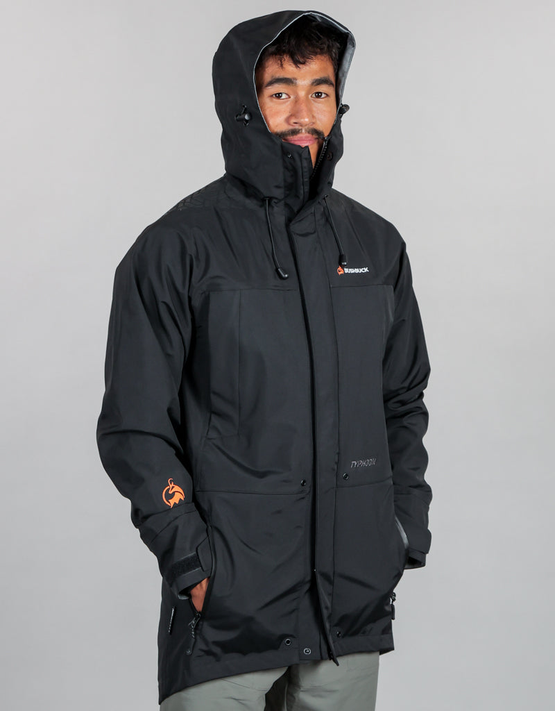 Typhoon Mens Waterproof Black Rain Coat - Front 3/4 with Hood -  Wet Weather Gear